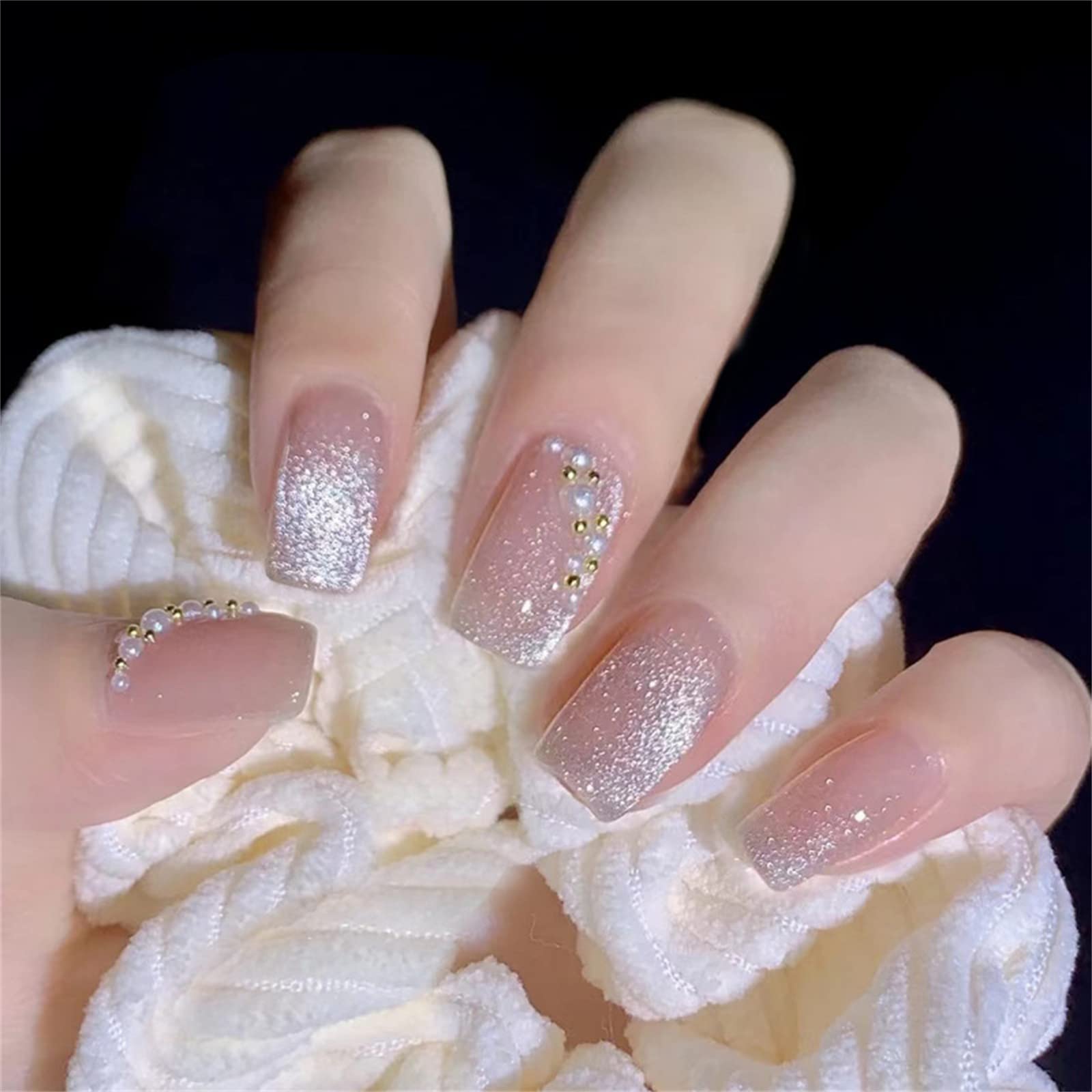 YOSOMK Cat Eye Press on Nails Medium Square Fake Nails with Pearl Design Glossy Stick on Nails Luxury Glue on Acrylic Nails for Women