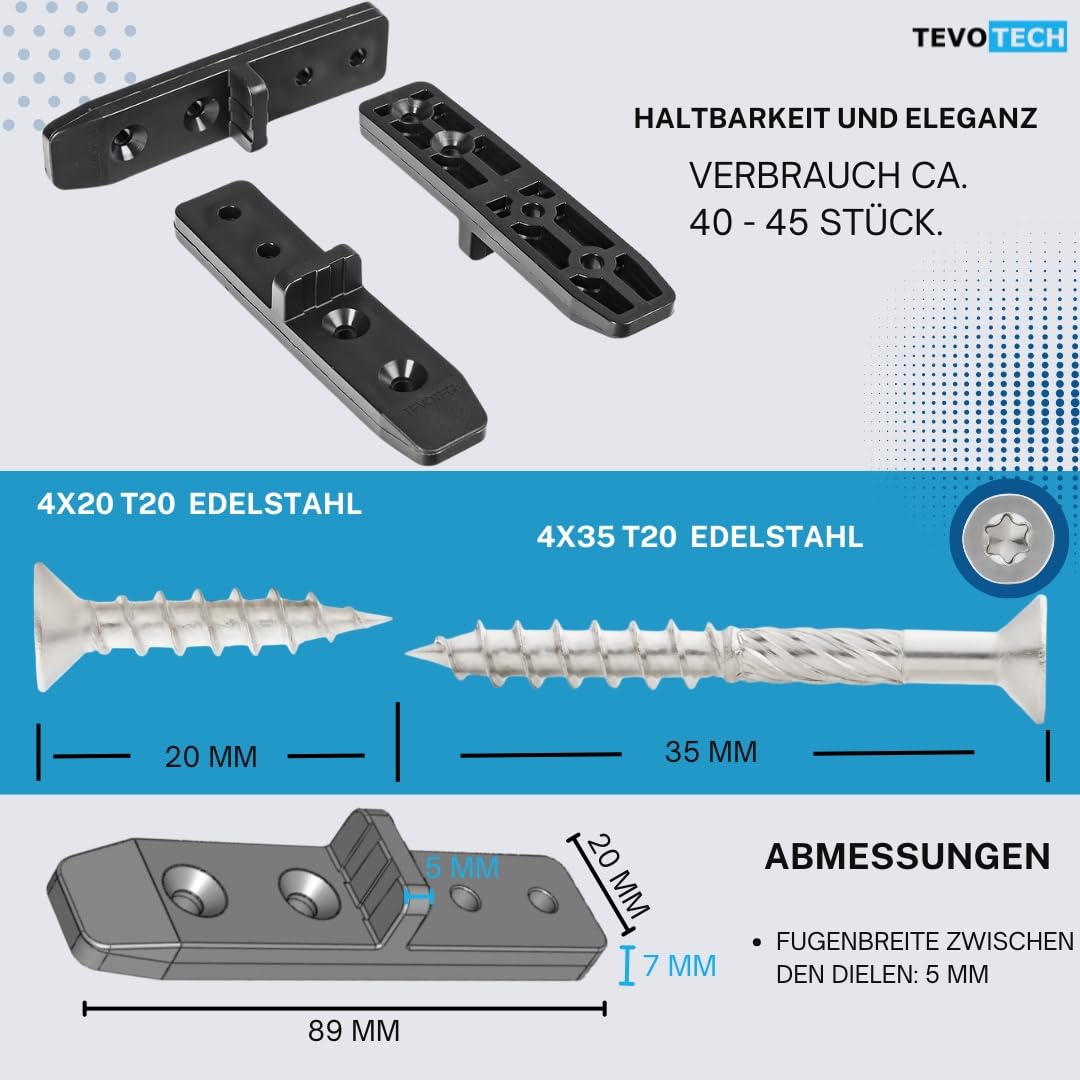 Tevotech Patio Connectors Set of 150 Including Screws for Wood and Decking Fixing Invisible with Stainless Steel Screws - Image 3