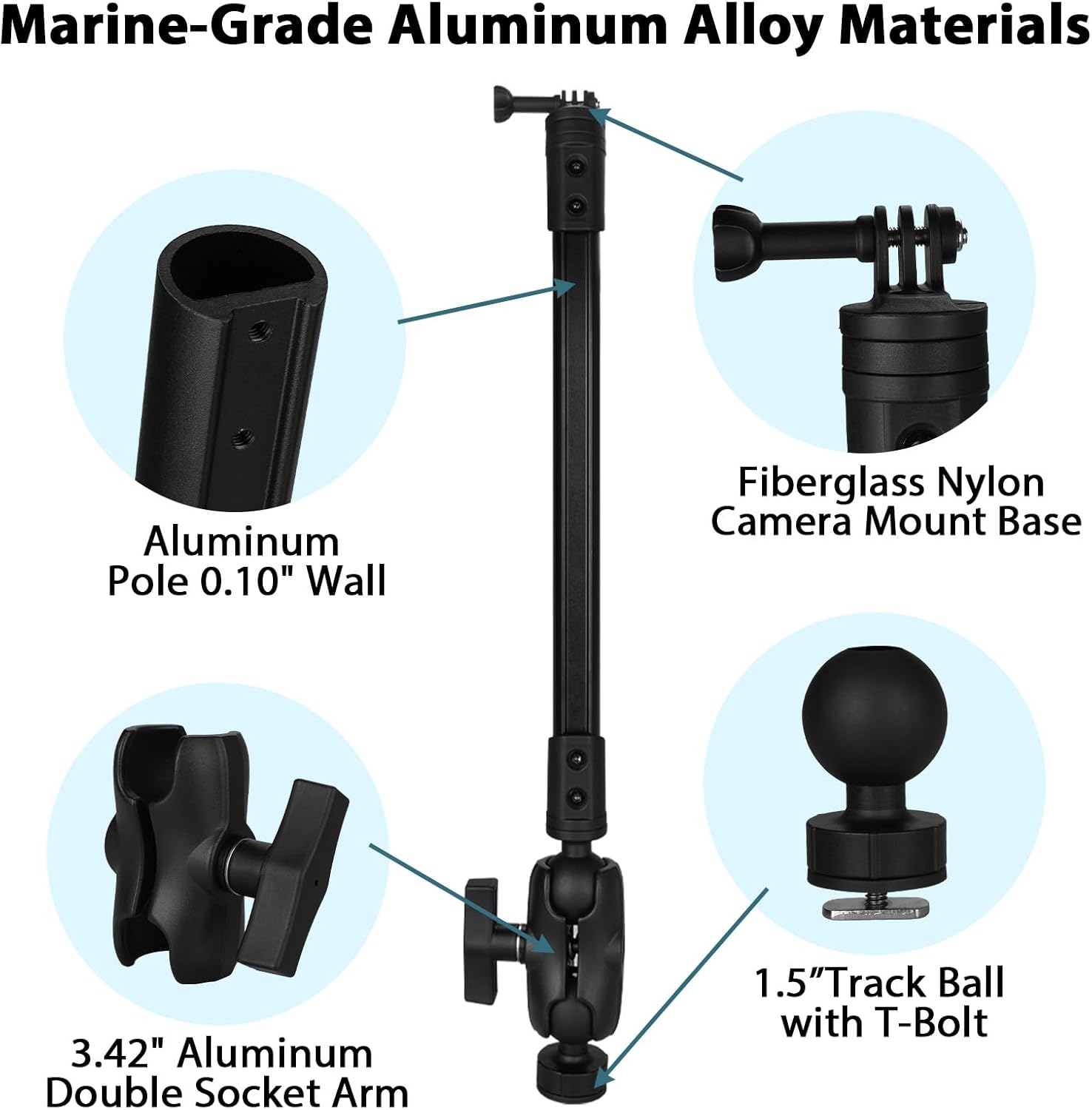 19.7" Kayak Camera Mount,360 Degree Adjustable Mount Compatible with Camera,with 1.5 Inch Ball T-Bolt Base for Most Track Systems