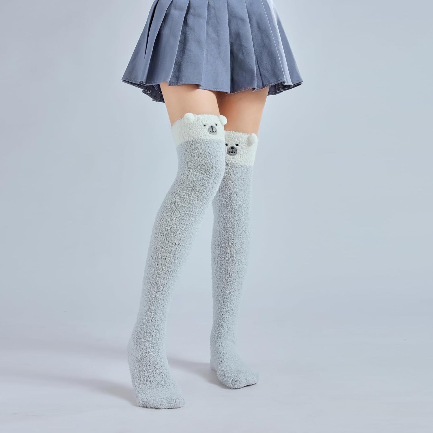 Thigh High Fuzzy Socks Cute Animal Coral Fleece Over the Knee Thigh High Long Stockings Warm Stripe