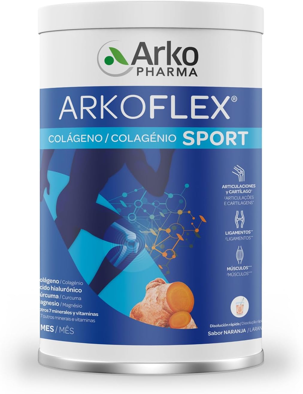 Arkopharma Arkoflex Sportcollageen, gehydrolyseerd collageen, sinaasappelsmaak, doos met 390 g, gewrichten, botten en spieren, hyaluronzuur, magnesium, mangaan, kurkuma en vitamines
