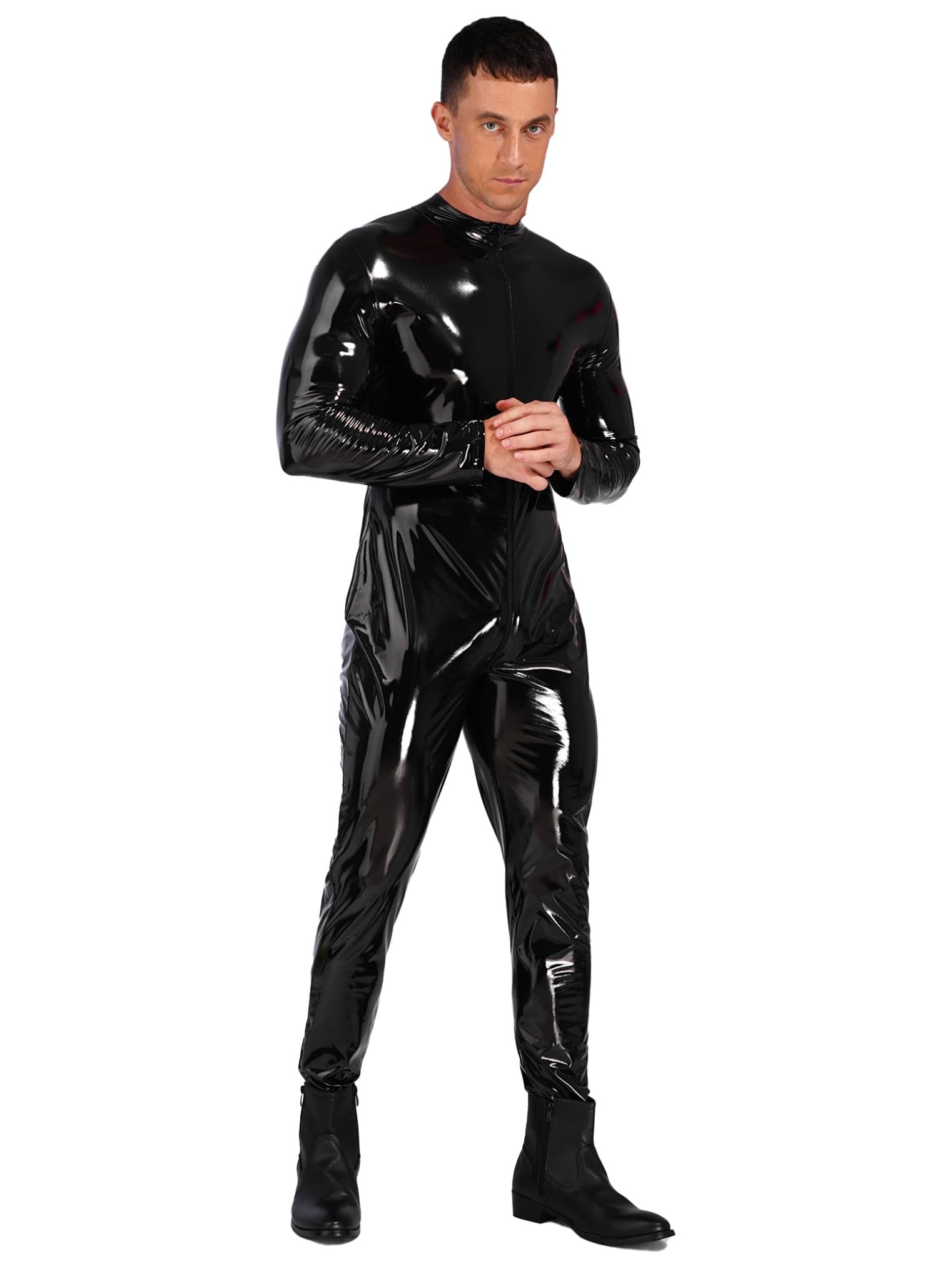 Freebily Body da Uomo Intero Intimo Sexy Hot per Sesso Tute Aderente Catsuit in Vernice con Cerniera Cavallo Wetlook Bodysuit Lucida Manica Lunga Latex Lingerie Erotico
