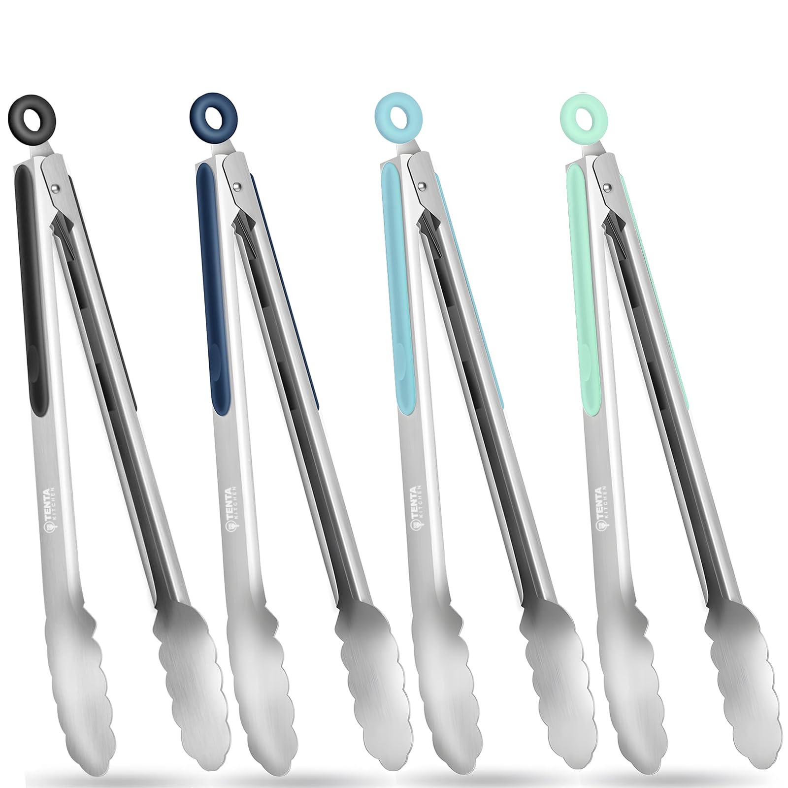 Kitchen Tongs, 12-Inch Stainless Steel BBQ Tongs, Locking Metal Cooking Tongs with Silicone Non-Slip Grip, Kitchen Utensils for Food, Salad and Outdoor BBQ (Set of 4)