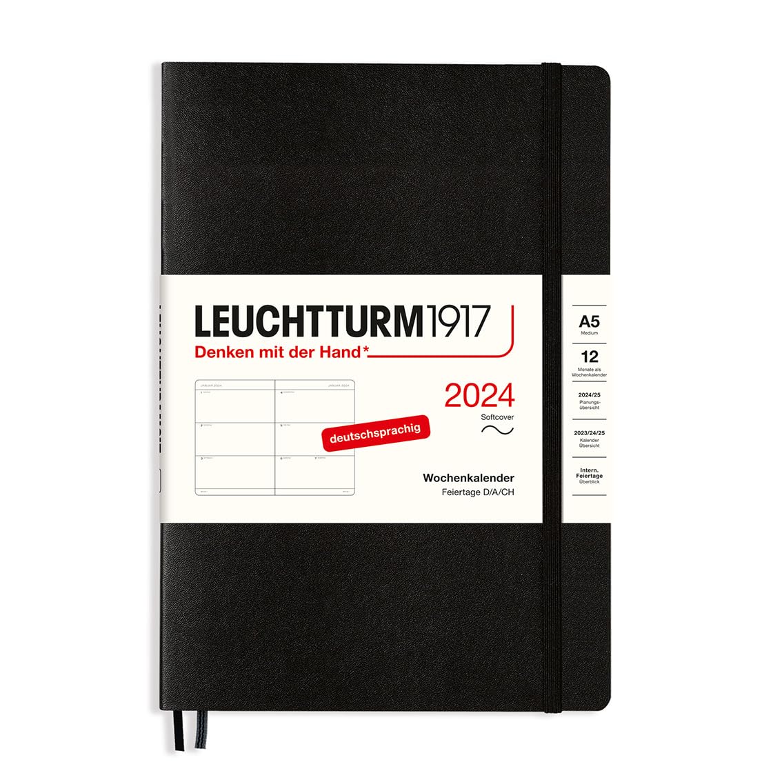 LEUCHTTURM1917 367665 Weekly Planner Medium (A5) 2024, Soft Cover, Black, German, 12 Months
