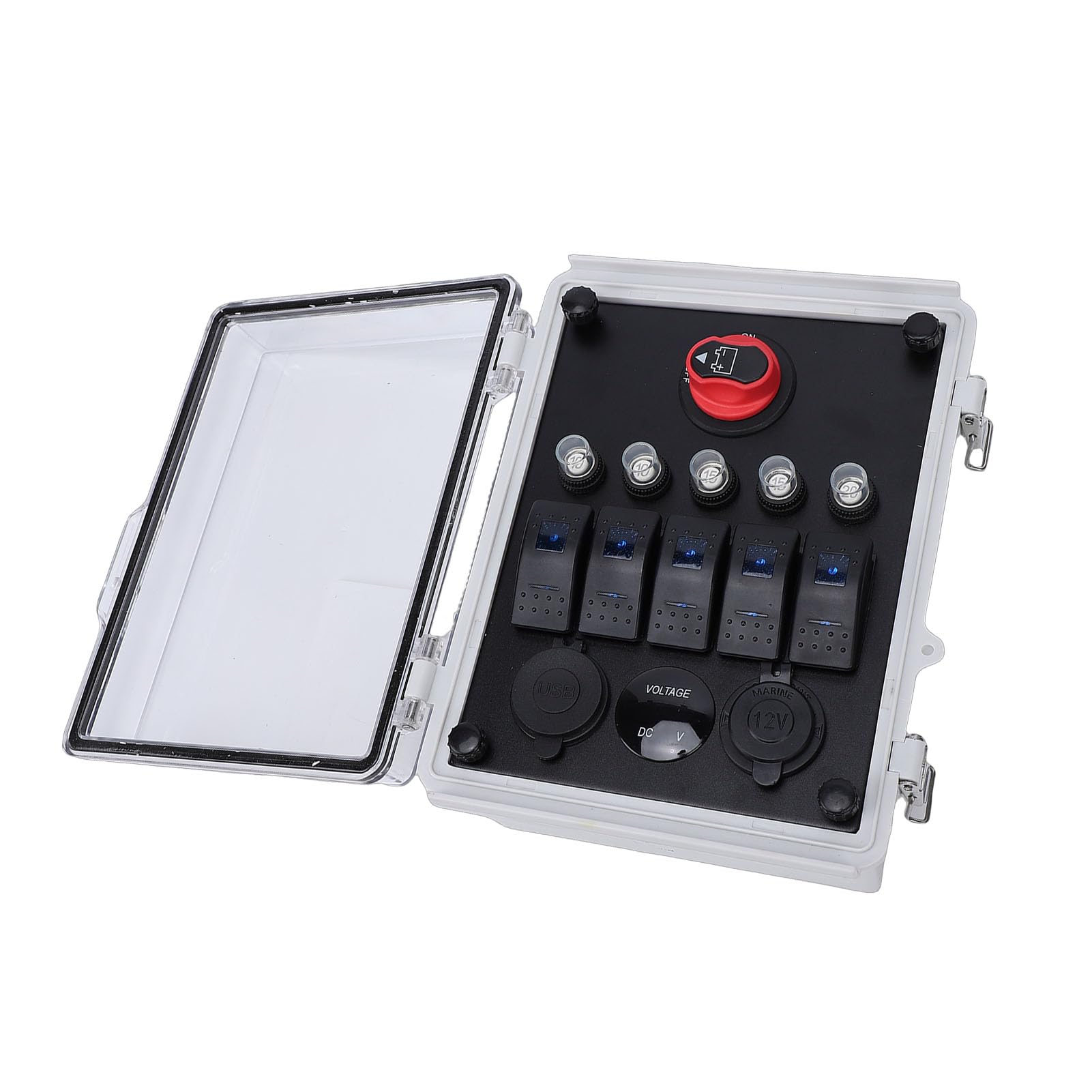 Dpofirs Caja de Panel de Interruptor Basculante Impermeable, Centro de Control de Energía Marina Precableado de 5 Bandas con Cargador USB PD y Voltímetro, para Camión, RV, ATV, Barco, Automotriz