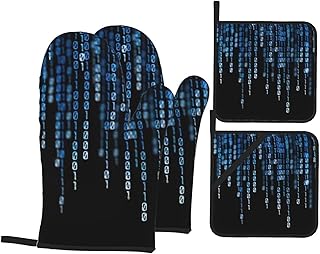 The Blue Binary Print - Juego de 4 guantes de horno resistentes al calor, almohadillas calientes