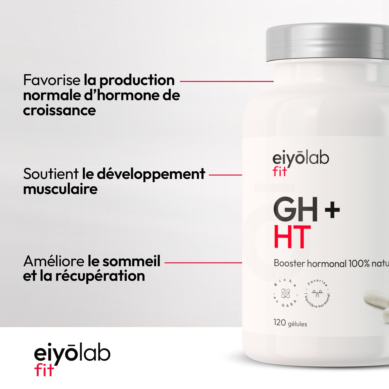 GH + HT | Booste Naturellement la Production d’Hormone de Croissance | Arginine, Gaba, Ornithine & Melisse | Construction Musculaire et Qualité du Sommeil | Vitamine B6 | 120 Gélules Vegan | Eiyolab
