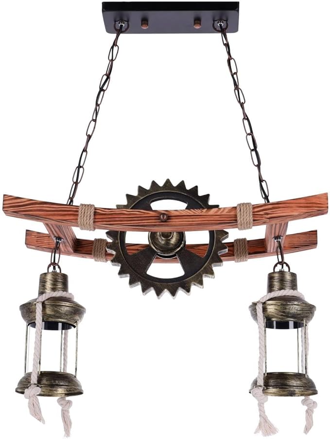 TIBU TIBU Hanglamp van hout wiel vintage woonkamer eettafel verlichting binnenverlichting E27 in hoogte verstelbaar 2 vlammen