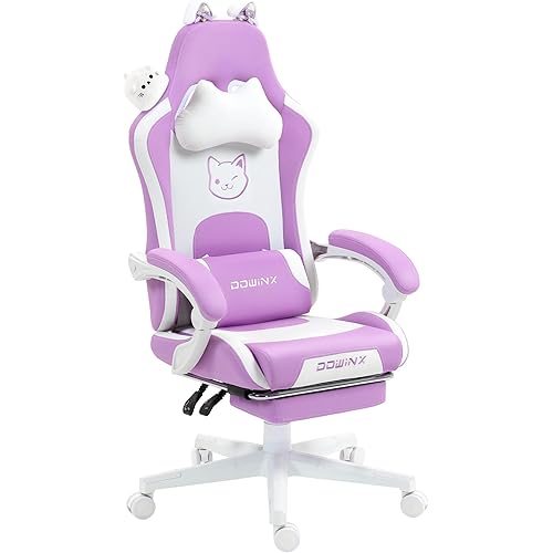 Dowinx Gaming Chair Cute with Cat Ears and Massage Lumbar Support, Ergonomic Computer Chair for Girl with Footrest and Headrest, Comfortable Reclining Game Chair 290lbs for Adult, Teen, Purple