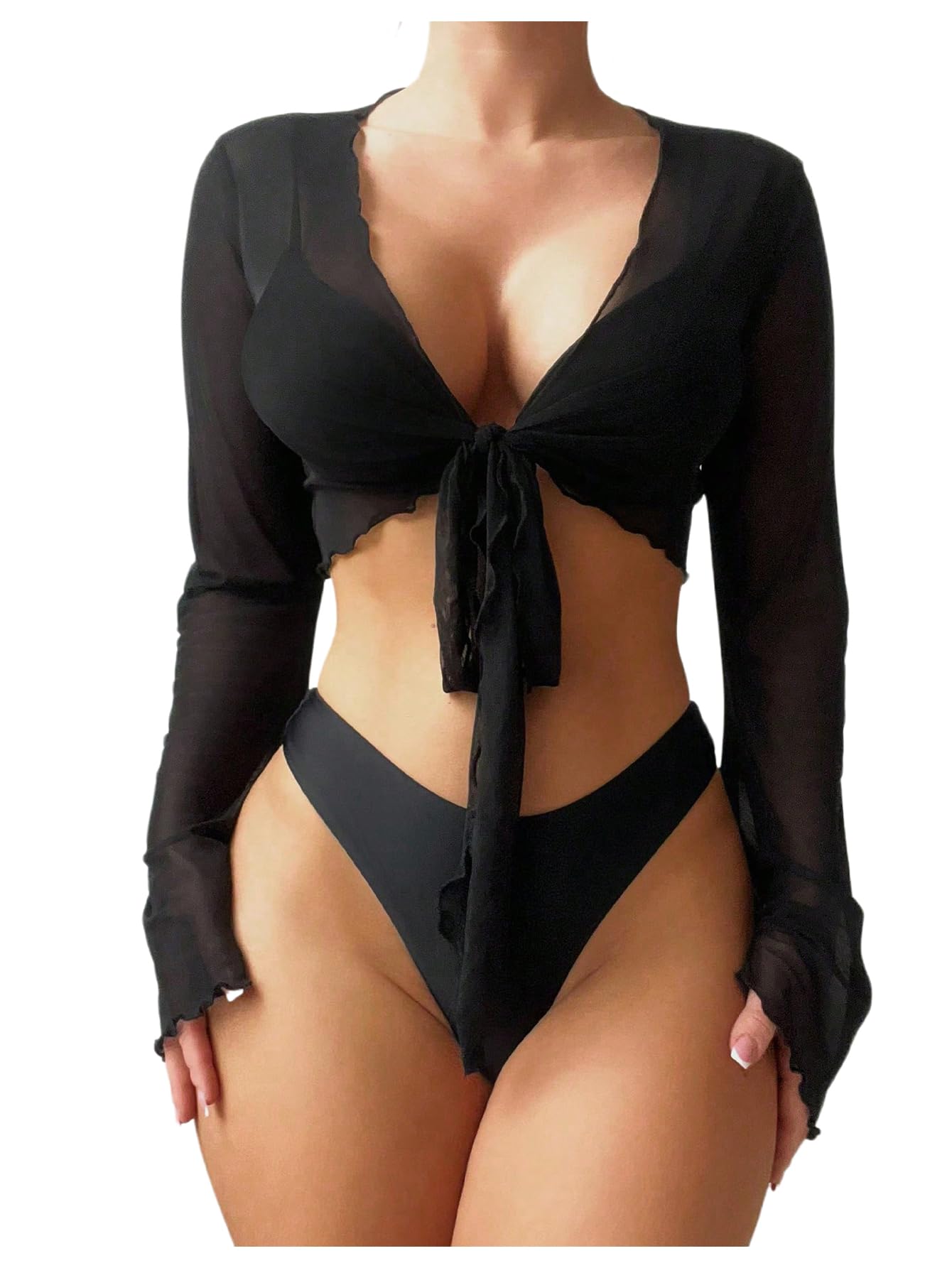 Women's Sheer Mesh Tie Front Cover Ups Tops Long Sleeve Swimsuit Coverups Swimwear-image-47