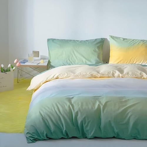Miniatura 6 de Juego de edredón verde degradado, tamaño matrimonial, color verde salvia y amarillo, juego de ropa de cama multicolor, amarillo y verde claro, juego