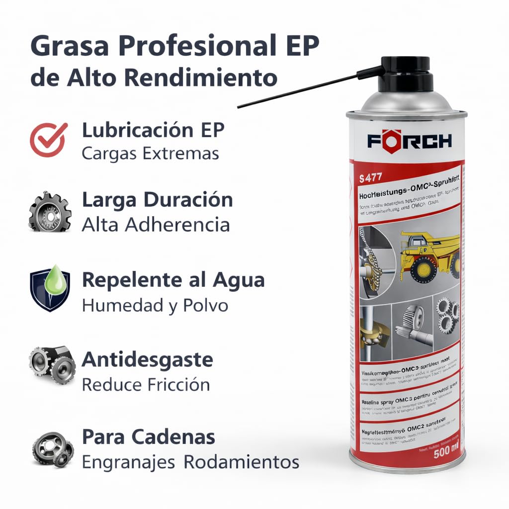 FORCH Grasa Líquida en Spray 500 ml S477 – Lubricante Profesional de Alto Rendimiento para Cadenas, Engranajes y Rodamientos – Larga Duración, Resistente al Agua y Antidesgaste (1)