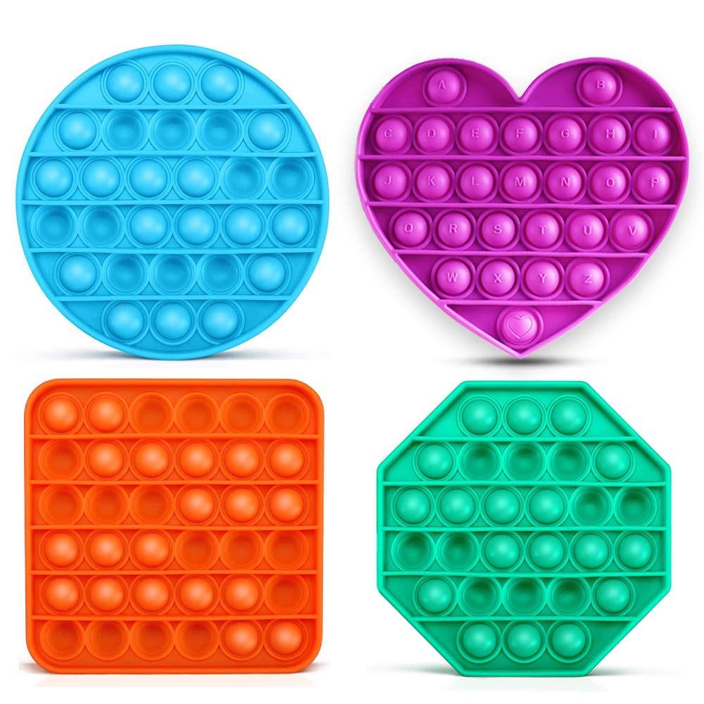 Aothing Push Pop Fidget Toys, 4 Pack Stress Relief Silicone Bubble Squeeze Sensory Toys, Autism Special Needs Push Pop Game Toy - Multicolor, Round Square Octagon Heart