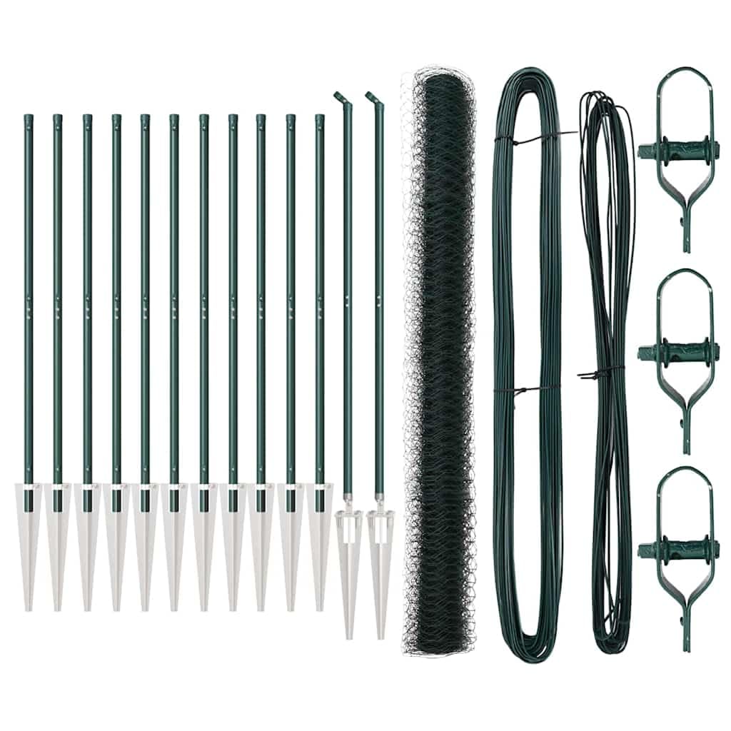 Garden Fence Post Green 25 x 1.6 m 50mm Mesh Steel PVC Outdoor Fence Panel Kit for Backyard Security, Corrosion-Resistant Boundary Barrier with Spike Posts