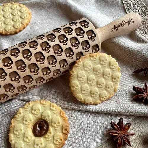 Rolling Pin SKULL. Embossing rolling pin with SKULL PATTERN Embossed skull cookies for HALLOWEEN. Wooden Laser Cut Rolling Pin for Halloween cookies, play dough, salt dough by Algis Crafts