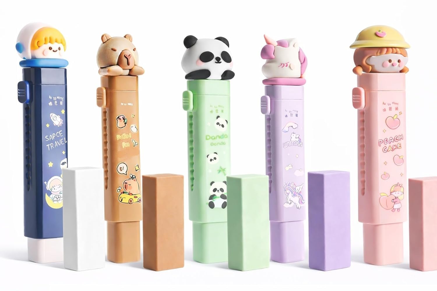 Cute Kawaii Cartoon Retractable Eraser Set Fancy Push-Pull Slide Rubber Erasers with Adorable Animal Toppers for Kids, Students & School Supplies (Pack of 5)
