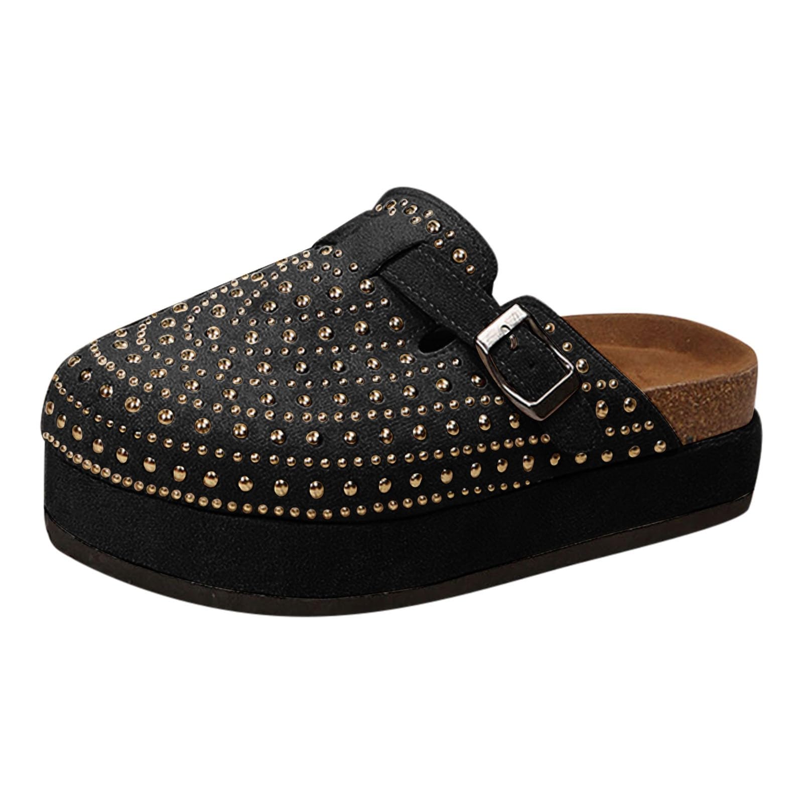 Women's Studded Platform Clogs Open Back Slip On Mules with Adjustable Buckle Strap Suede Like Upper and Cork Footbed Comfortable Chunky Sole for Casual Retro and Everyday Wear Footwear