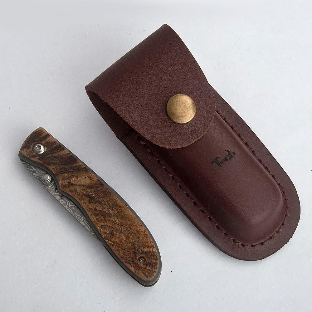 Damascus Steel Folding Pocket Knife, 3.1” Blade with Leather Sheath, EDC Knife for Daily Outdoor Camping Hiking Tools Gifts