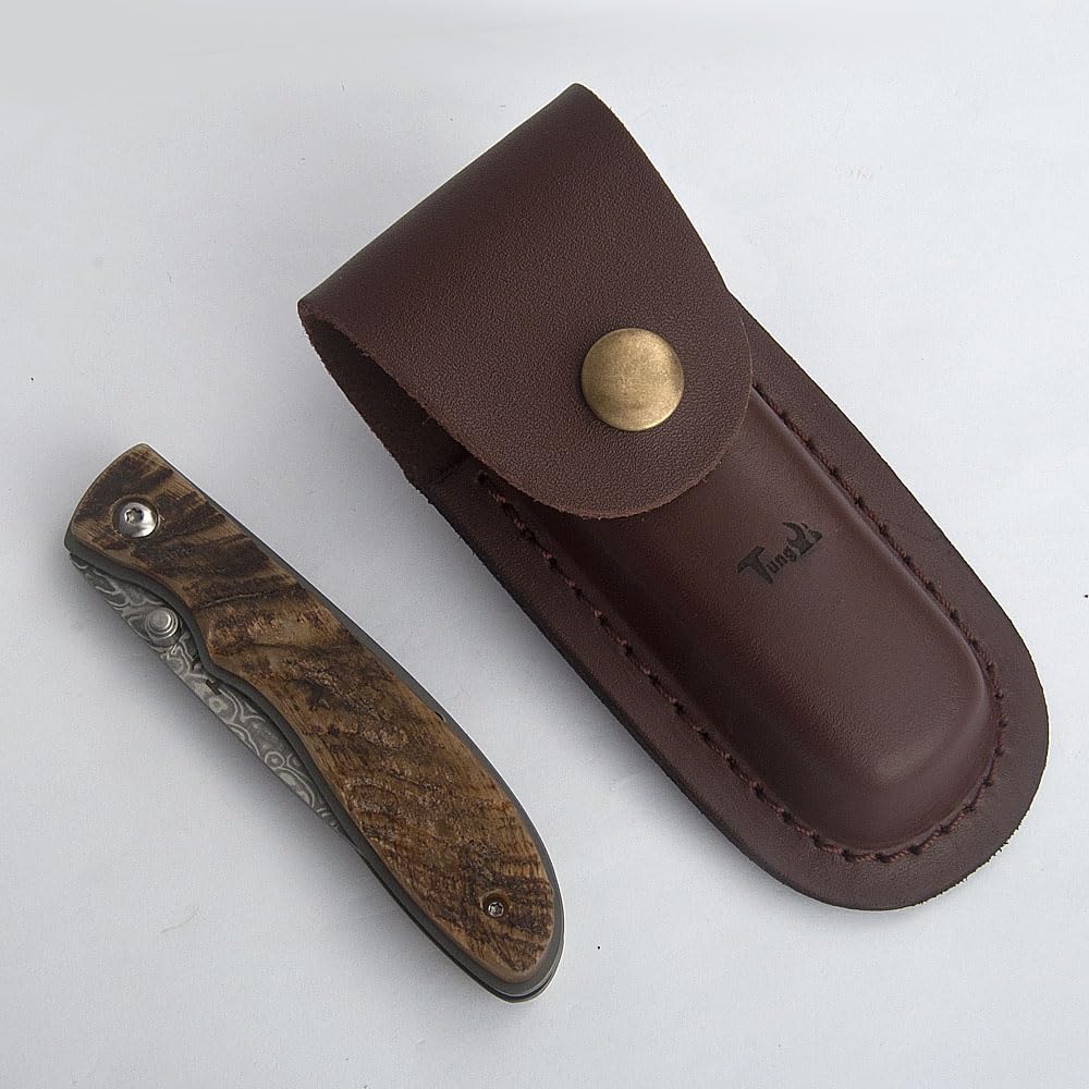 Damascus Acciaio Pieghevole Pocket Knife, 3.1 "lama con guaina in pelle, EDC coltello per il campeggio quotidiano all'aperto Strumenti di escursionismo Regali (4" Ram Horn Handle)