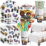 APOWBLS Monster Truck Birthday Party Supplies, Monster Theme Jam Party Decorations Tableware, Paper Plates and Napkins Set, Cup, Tablecloth, Disposable Cutlery, Straw | Serves 24