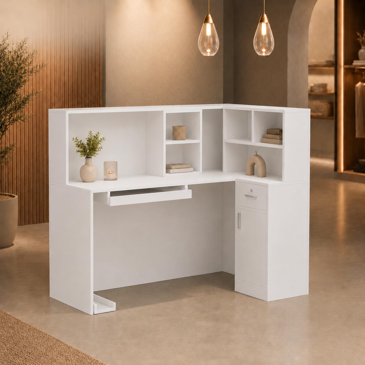 Empfangstheke MDF 140x80x120 cm mit Computertablett, abnehmbarem Regal, 1 Schublade, 1 Schrank
