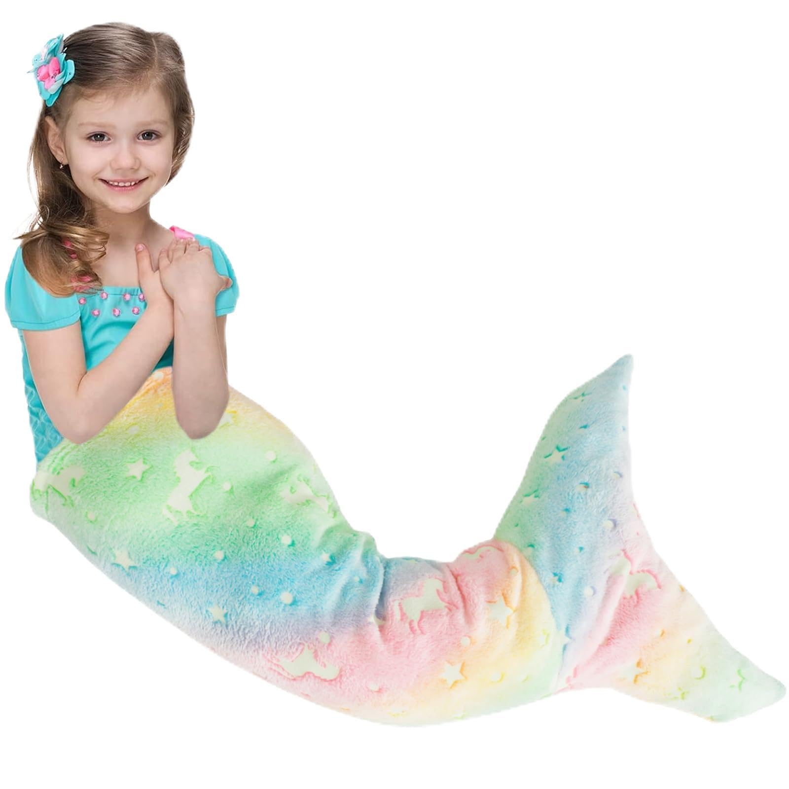 Sesaver Kids Mermaid Tail Blanket 100x50cm Luminous Mermaid Blanket Flannel Girls Mermaid Toys, Colorful Snuggle Blankets Mermaids Sleeping Bag with Double Stitching for Girls 3 to 6 Years (Style A)