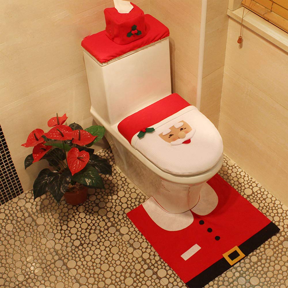Accessoires Décoratifs - Noël - Housse Et Tapis Pour Toilettes - Motif Père Noël - Rouge