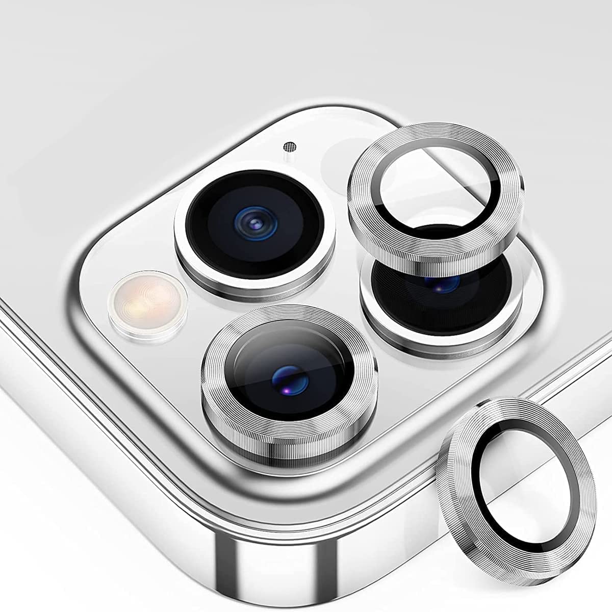 【6枚セット】AMAPC for iPhone13 pro カメラフィルム 2023 iPhone13 pro max 用カメラフィルム iPhone13 pro 用レンズ保護カバー 薄型 強化ガラス 耐衝撃 独立型 黒縁取り 露出オーバー防止 アルミ合金 アイフォン 13プロ マックス用 カメラカバー ライト シルバー
