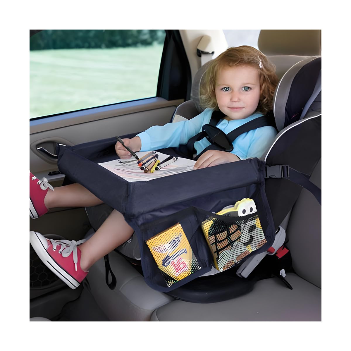CGEAMDY Bandeja Coche Niños, Mesa Para Niños Asiento Coche, Mesas Infantiles Para Asiento Trasero Coches Accesorio De Coche Fácil Limpiar Con Bolsillos Laterales Para Asientos Coches(Azul Marino)