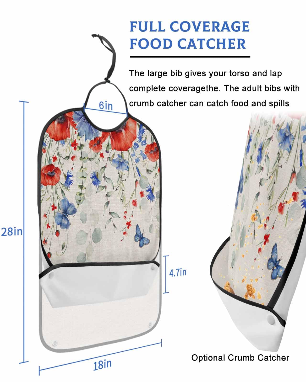 LEOKOTI Blue Red Spring Floral Adult Bibs for Eating, Waterproof Bibs with Food Catcher & Snap Closure, 4th of July Butterfly Botanical Rustic Washable Clothing Protectors Adult Bibs for Elderly
