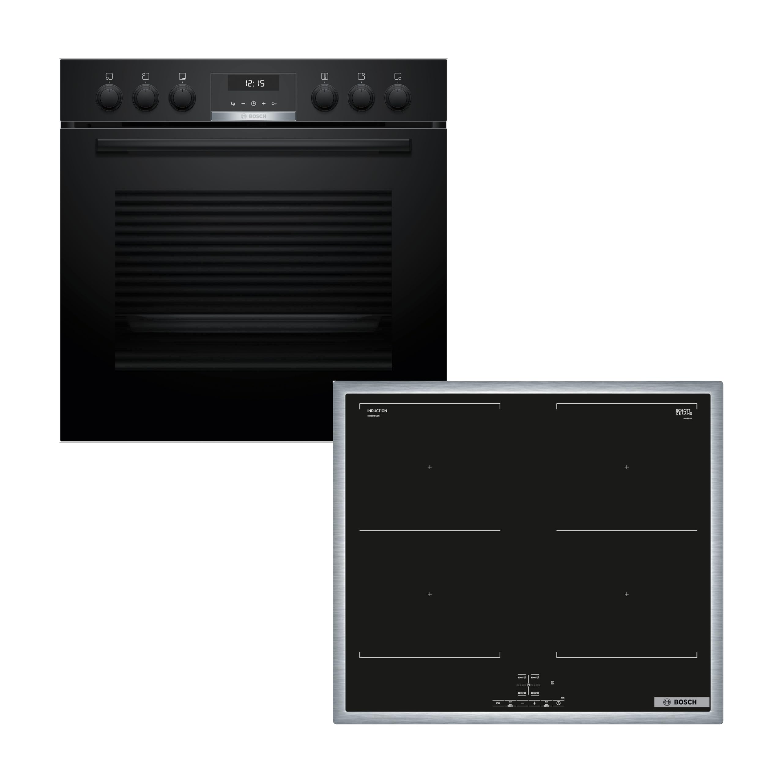 Bosch Einbauherd-Set HND617LS67, Serie 6 Einbau-Herd 60 cm mit Backwagen, Reinigungshilfe und 3D-Heißluft HEB517BB4, Serie 4 Induktionskochfeld 60 cm mit Rahmen, Combi Zone, Herdgesteuert, NVQ645CB6E