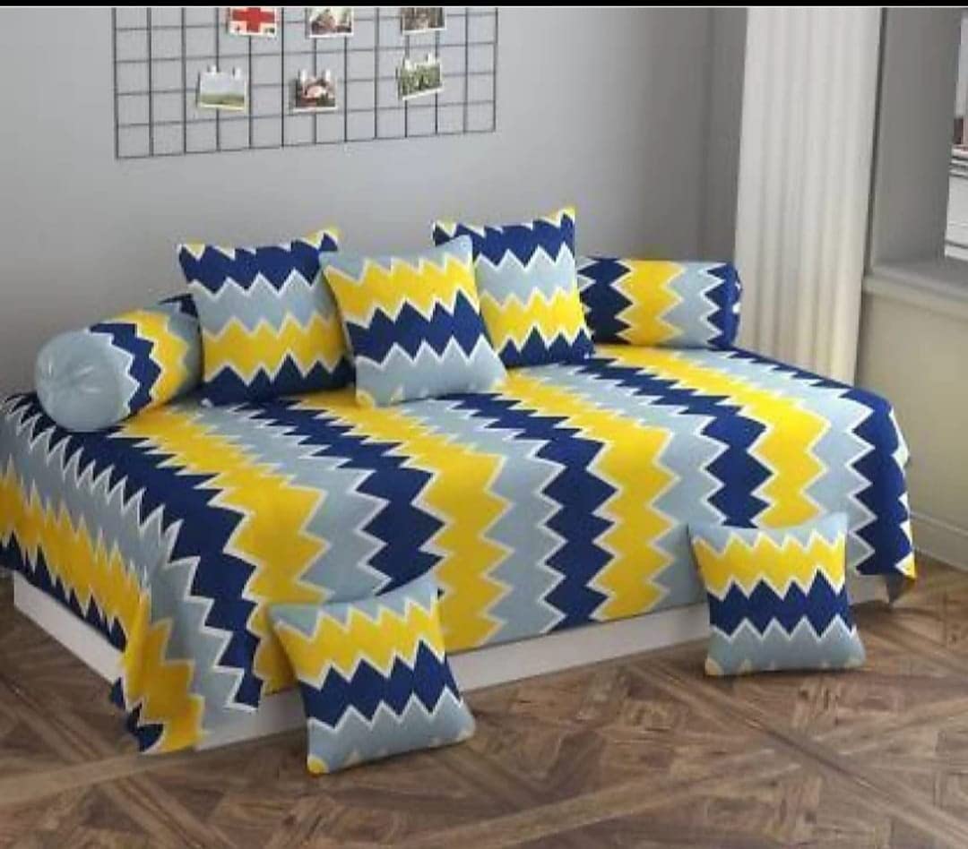 FASSCETE Soft Glace Cotton Designer Printed Diwan Set, 1 Single Bedsheet, 2 Bolster Covers, 5 Cushion Covers,Multicolor - 8 Piece-picture-22