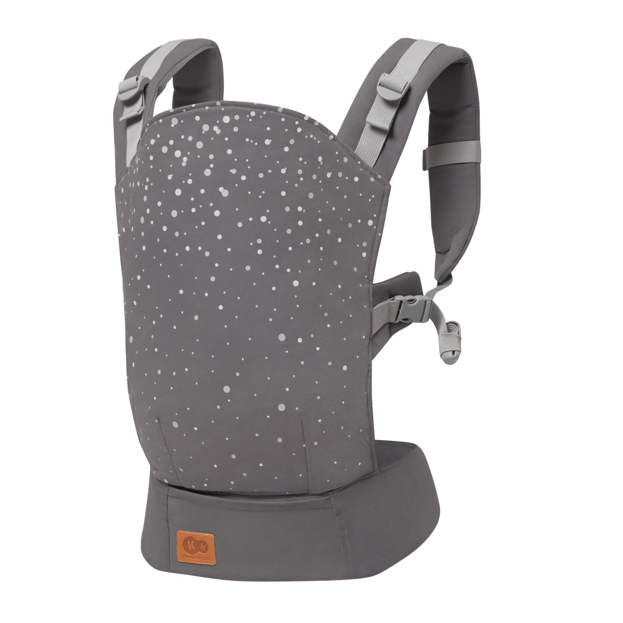 Kinderkraft NINO CONFETTI Porte bébé de 3 Mois à 20 kg, Sangles larges et réglables, Confortable pour le parent, avec Poche, Deux façons: sur le ventre ou sur le dos, Gris