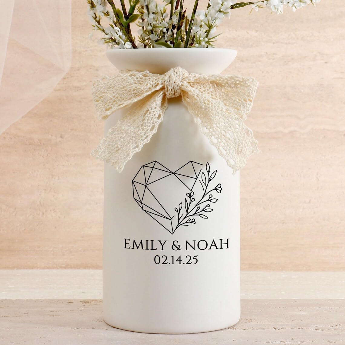 Personalized Wedding Vase with Custom Names and Date, White Ceramic Flower Bottle with Lace Bow, 3 Sizes.