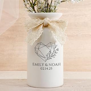 ZASGIFTS Personalized Ceramic Wedding Vase - Custom Names Date Lace Bow White Flower Holder 3 Sizes