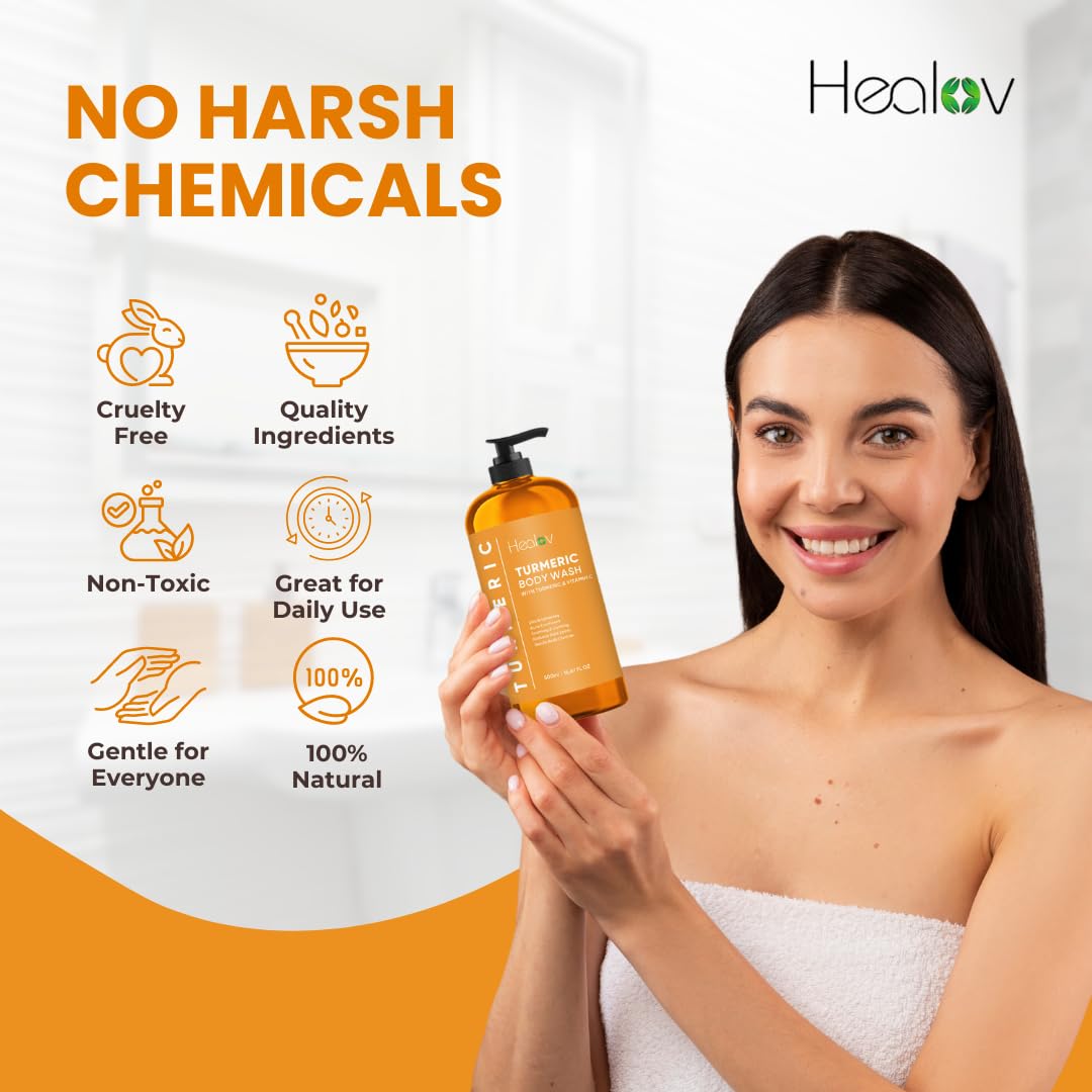 Healov Gel doccia alla curcuma, sapone alla curcuma, illumina la pelle per macchie scure e iperpigmentazione, gel doccia esfoliante alla curcuma, riduce acne, cicatrici e deterge la pelle