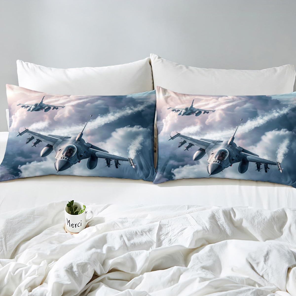 Airplane King Bedding Set For Boys – Navy Blue Plane & Clouds Bed Sheets