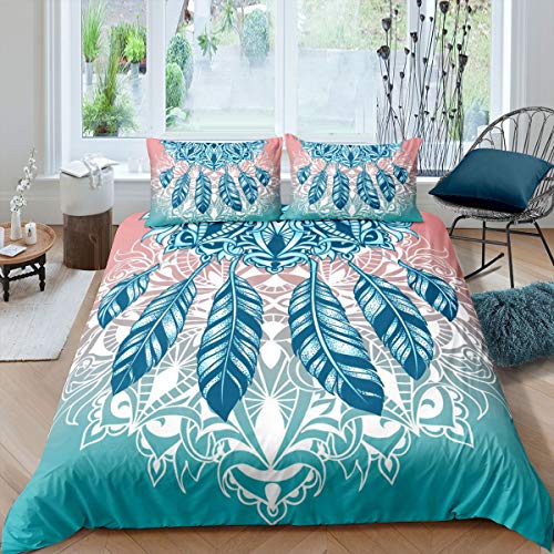 Homemissing Ethnic Mandala Duvet Cover Dreamcatcher Bedding Set for Kids Boys Girls Teens Bohemian Style Comforter Cover Indian Hippie Feather Bedding & Linen 3Pcs Zipper Super King