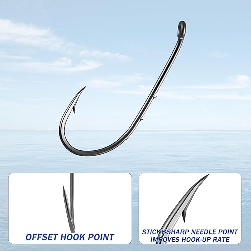 Miniatura 5 de Dr.Fish Paquete de 100 anzuelos de pesca con soporte de cebo, gancho de cebo vivo, acero de alto carbono, negro, níquel, hacia abajo, ojo torneado,