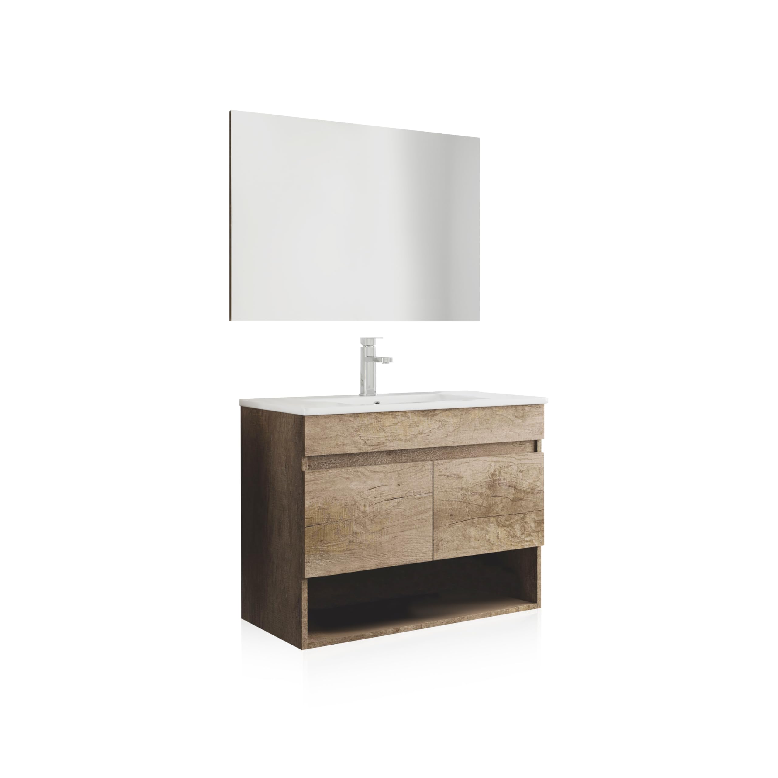 duehome | Mueble de Baño Suspendido con 2 Puertas y Espejo, Modulo Colgante, Modelo Thai, Acabado en Nordik, Medidas: 80 cm (Ancho) x 64 cm (Alto) x 45 cm (Fondo)