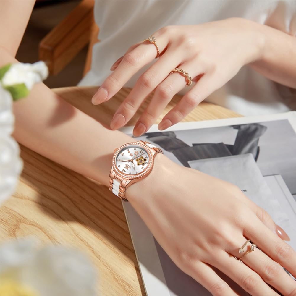 OLEVS Orologio automatico da donna in acciaio inossidabile con diamante a carica automatica, orologio luminoso e impermeabile