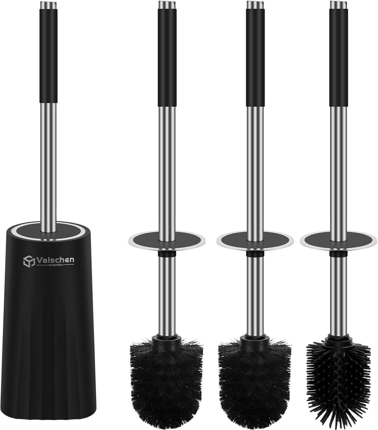 Toilet Brushes & Holder Toilet Brush Black Toilet Brush & Toilet Brush Holder, Stainless Steel 304 Handle Toilet Brush Includes 2 Brush Heads and 1 Silicone Brush Head and Toilet Brush Holder