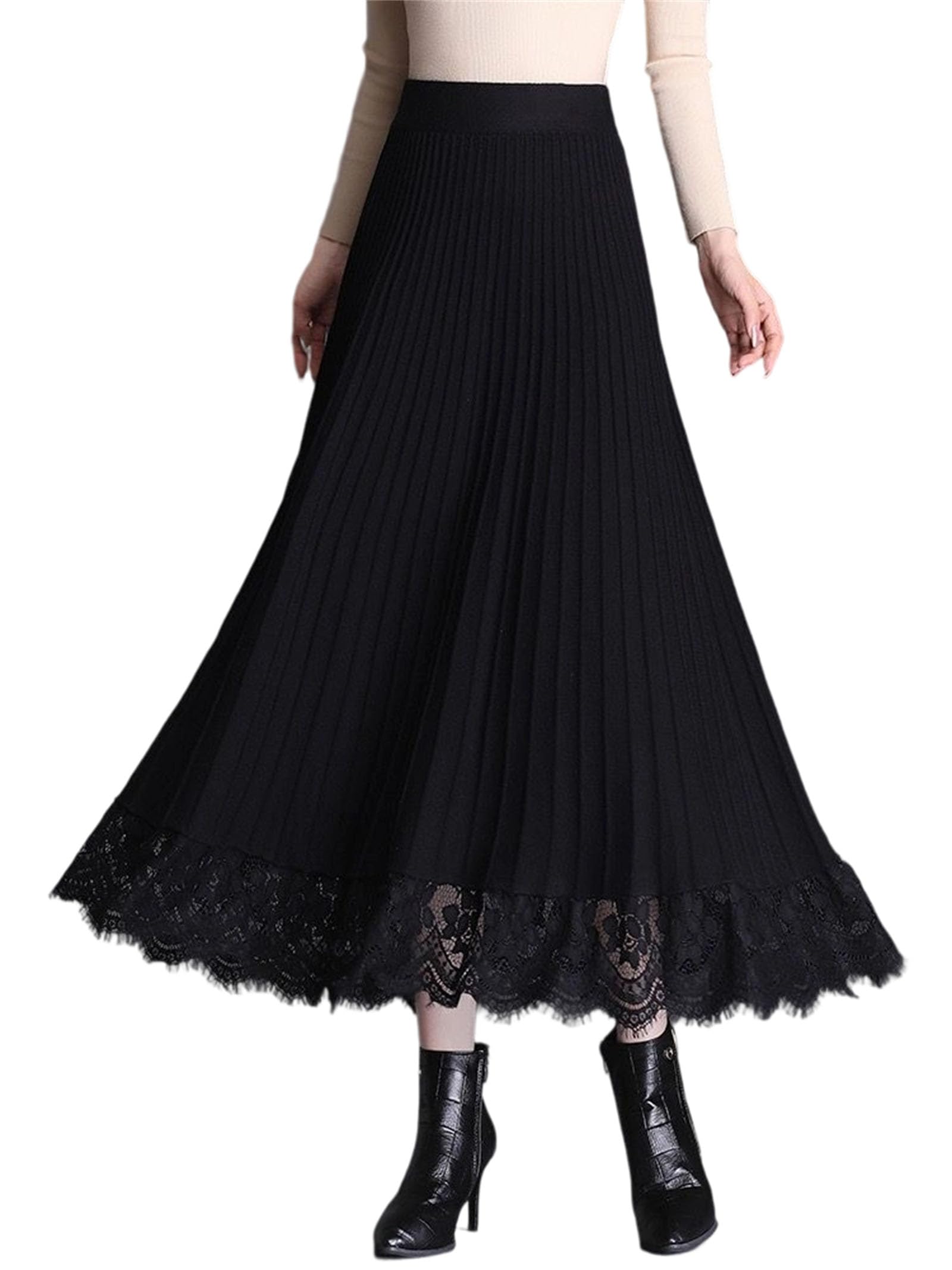 Womens Empire Waist Knitted Midi Skirt A-Line Silhouette Lace Ruffle Stitching Detail Solid Pattern Slim Fit Pull-On