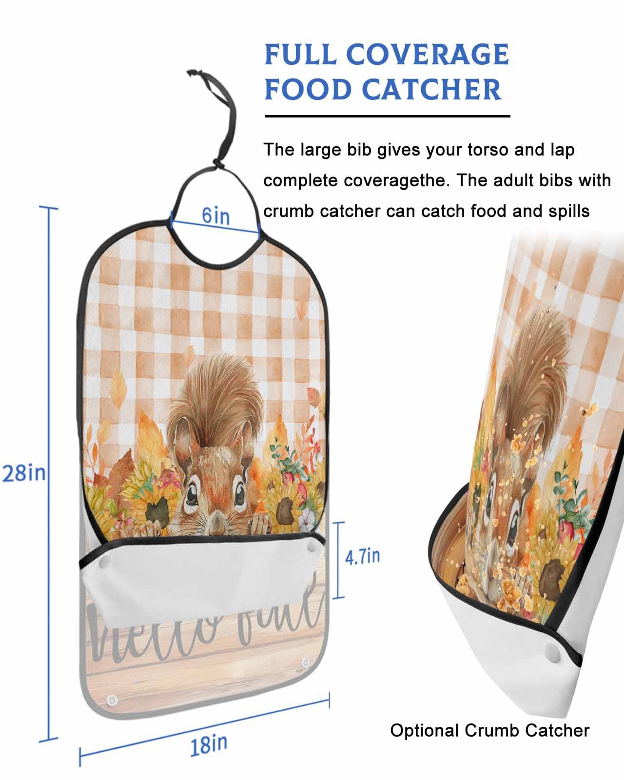 LEOKOTI Hello Fall Squirrel Adult Bibs for Eating, Waterproof Bibs with Food Catcher & Adjustable Snap Closure, Pumpkins Thanksgiving Orange Plaid Washable Clothing Protectors Adult Bibs for Elderly