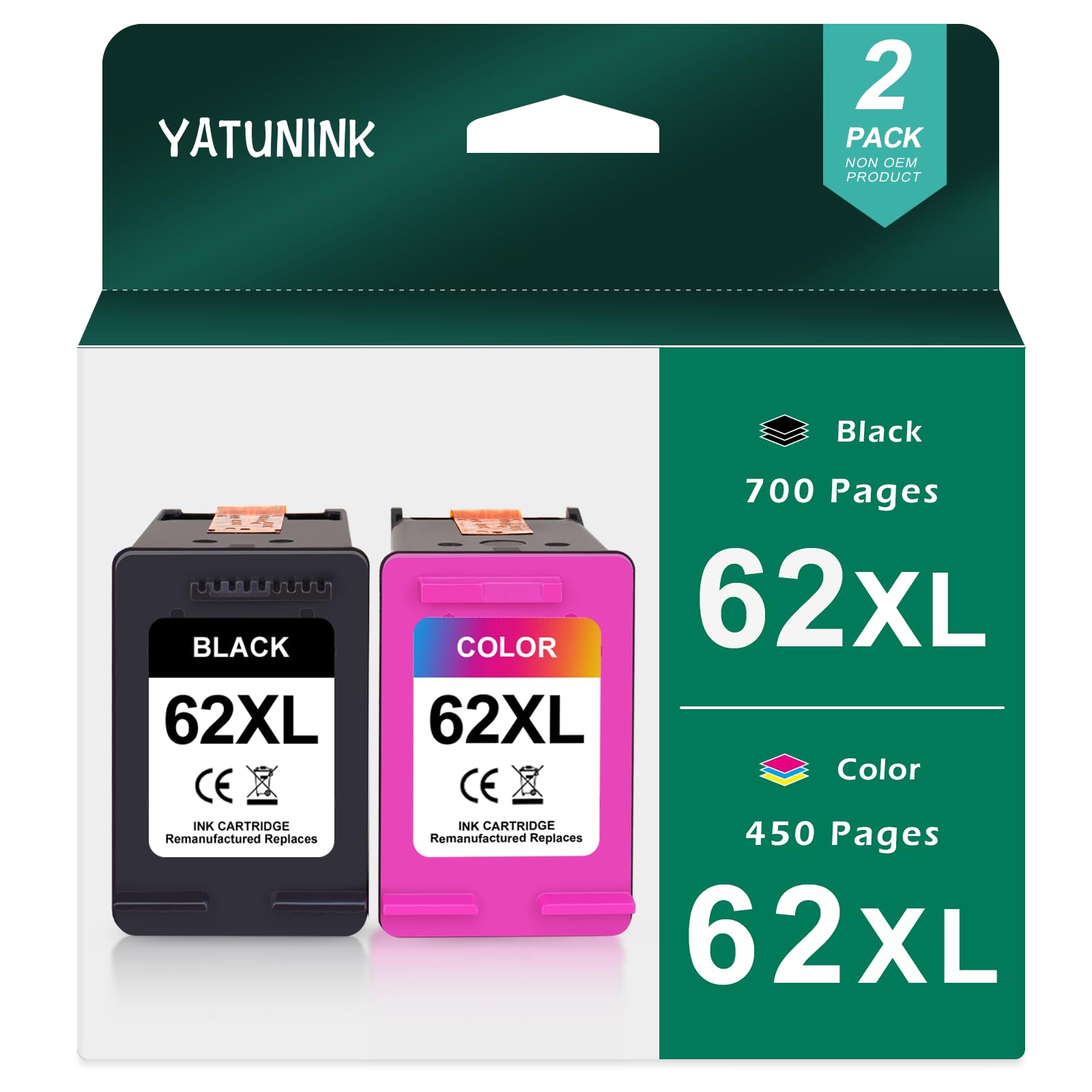 62XL Ink Cartridge Combo Pack Compatible for HP Ink 62 HP 62 Ink HP 62XL Works with HP Envy 5540 5642 5660 7640 7645 OfficeJet 5740 5742 8040 OfficeJet Mobile 258 (Black and Tri-Color) 2Pack