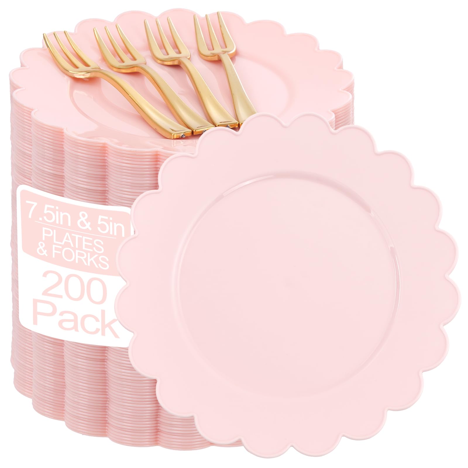 Photo 1 of LIYH 200 Pcs Pink Dessert Plates Disposable Dessert Plates and Gold Forks 7.5", Cake Plate with Forks for Weddings Bridal Showers Birthday Mothers Day