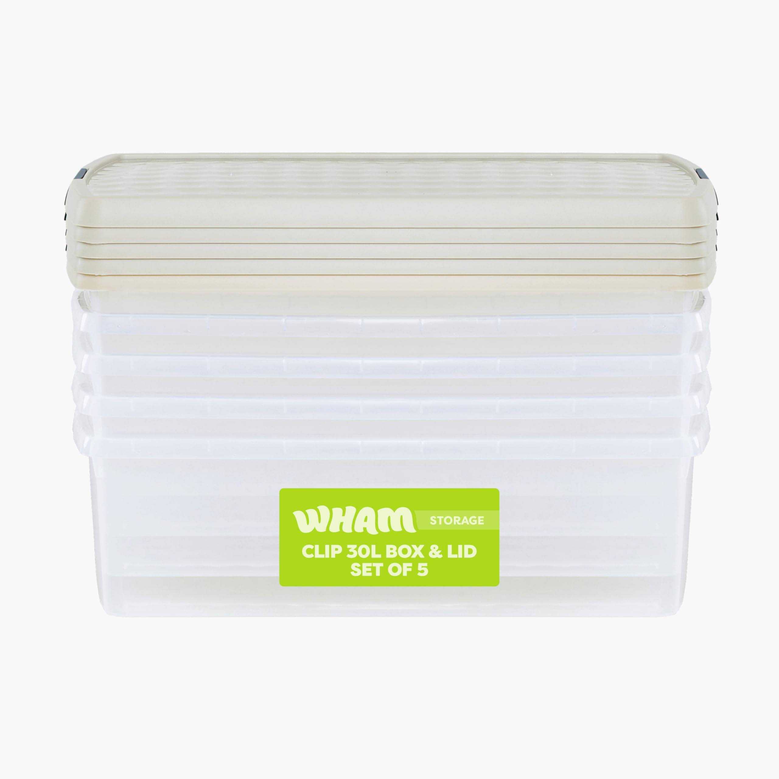 Wham Clip 5 x 30L Rectangular Stackable Plastic Storage Boxes with Lids | Ideal for Home, Office, Toys & More | Storage Containers with Clip Locks | Made in UK - Clear/Stone