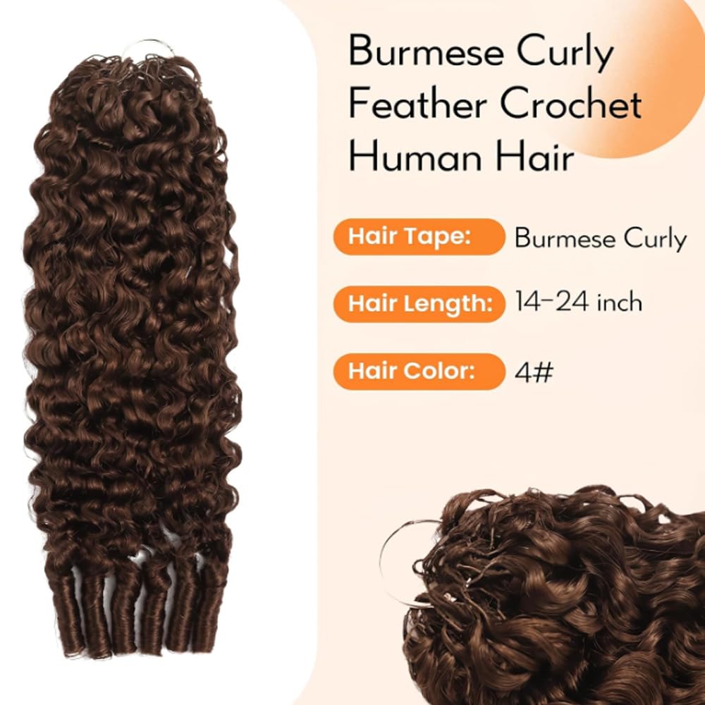 Extension di capelli umani birmani ricci all'uncinetto, con piume pre-separate, leggere, riutilizzabili, 50 g, 40 pezzi, #4 marrone cioccolato, 61 cm