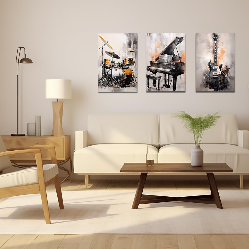 ZQQART, set di 3 stampe su tela con strumenti musicali astratti - Pianoforte, Chitarra, Batteria - Quadri per negozio di musica, decorazione da parete (40,6 x 60,9 cm, 3 pezzi)