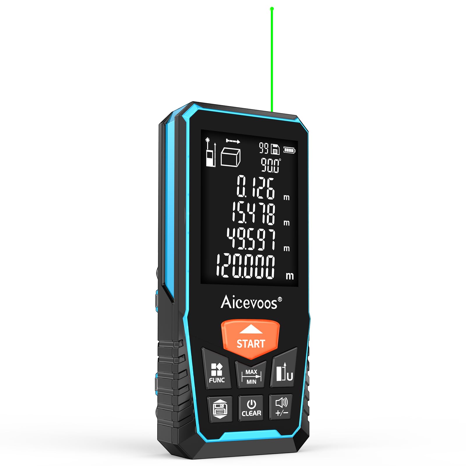 Medidor Láser, Metro Laser 120m, Medidor Láser Distancia con Pantalla Grande con luz de Fondo, Cambio de Unidad M/in/Ft, Nivel Digital, Haz Verde